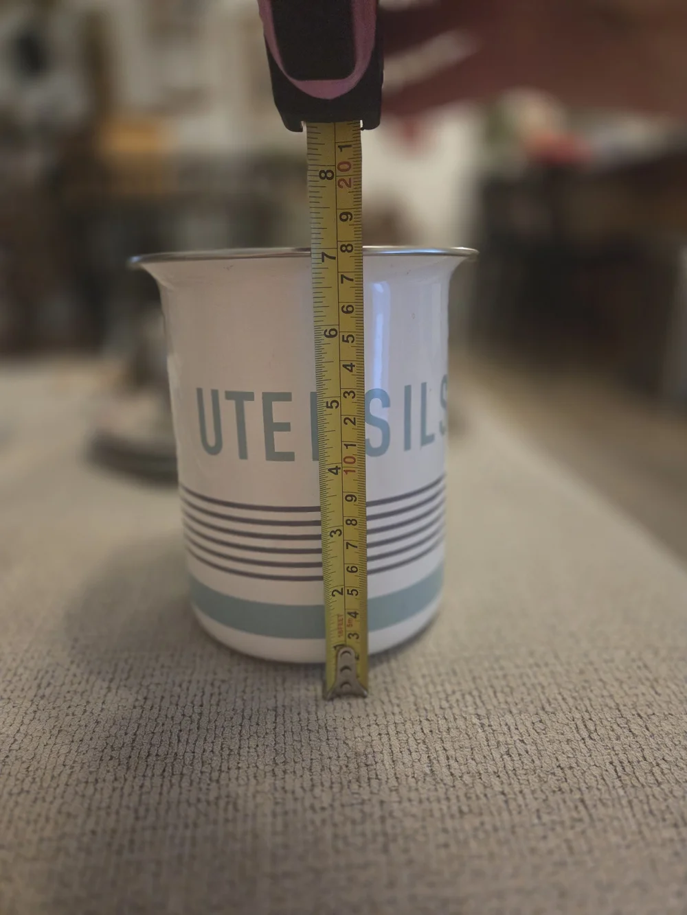 Metal Utensil Crock in White with Aqua Accents